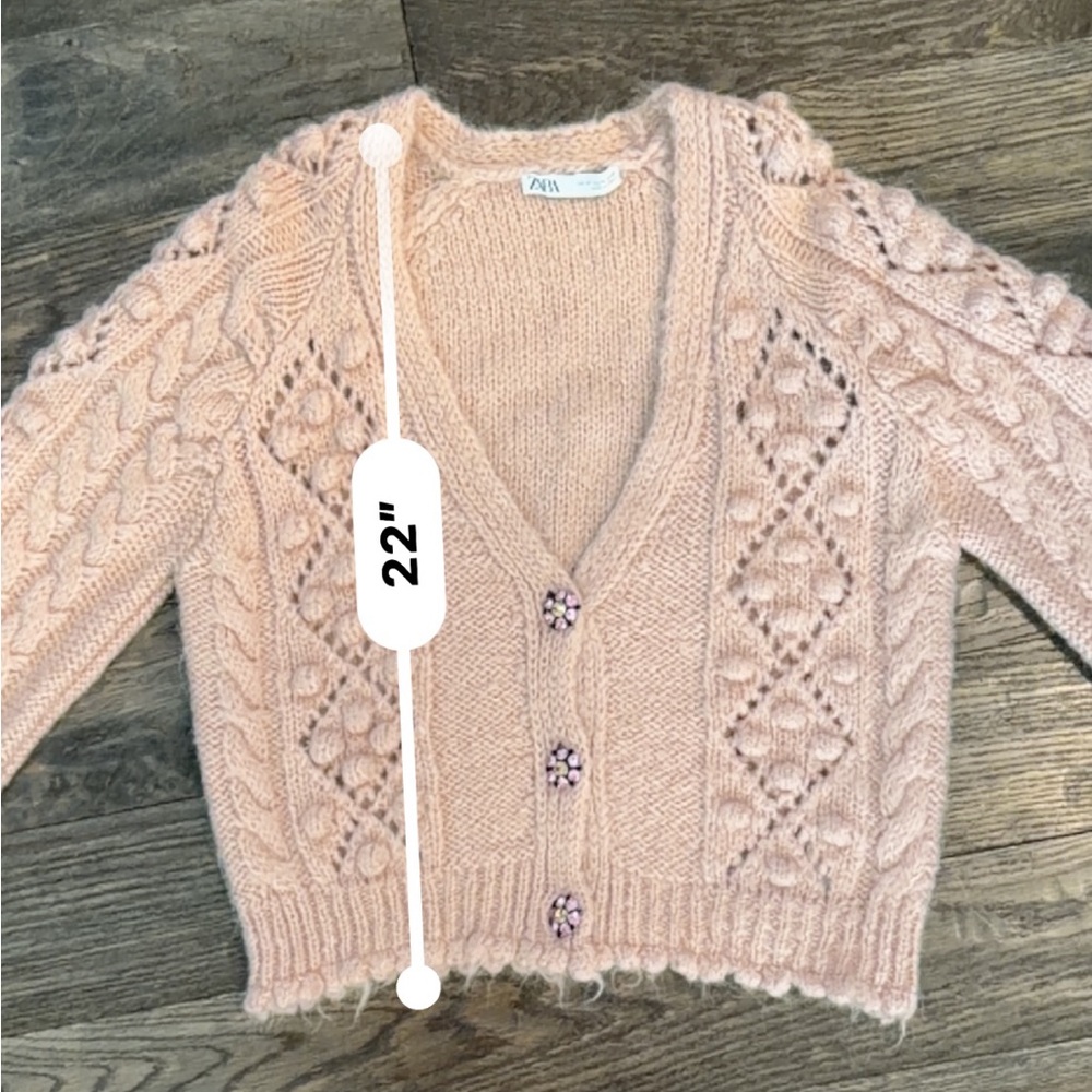 Zara Blush Pink Fuzzy Cable Knit Cardigan with Cute Buttons - Picture 8 of 16